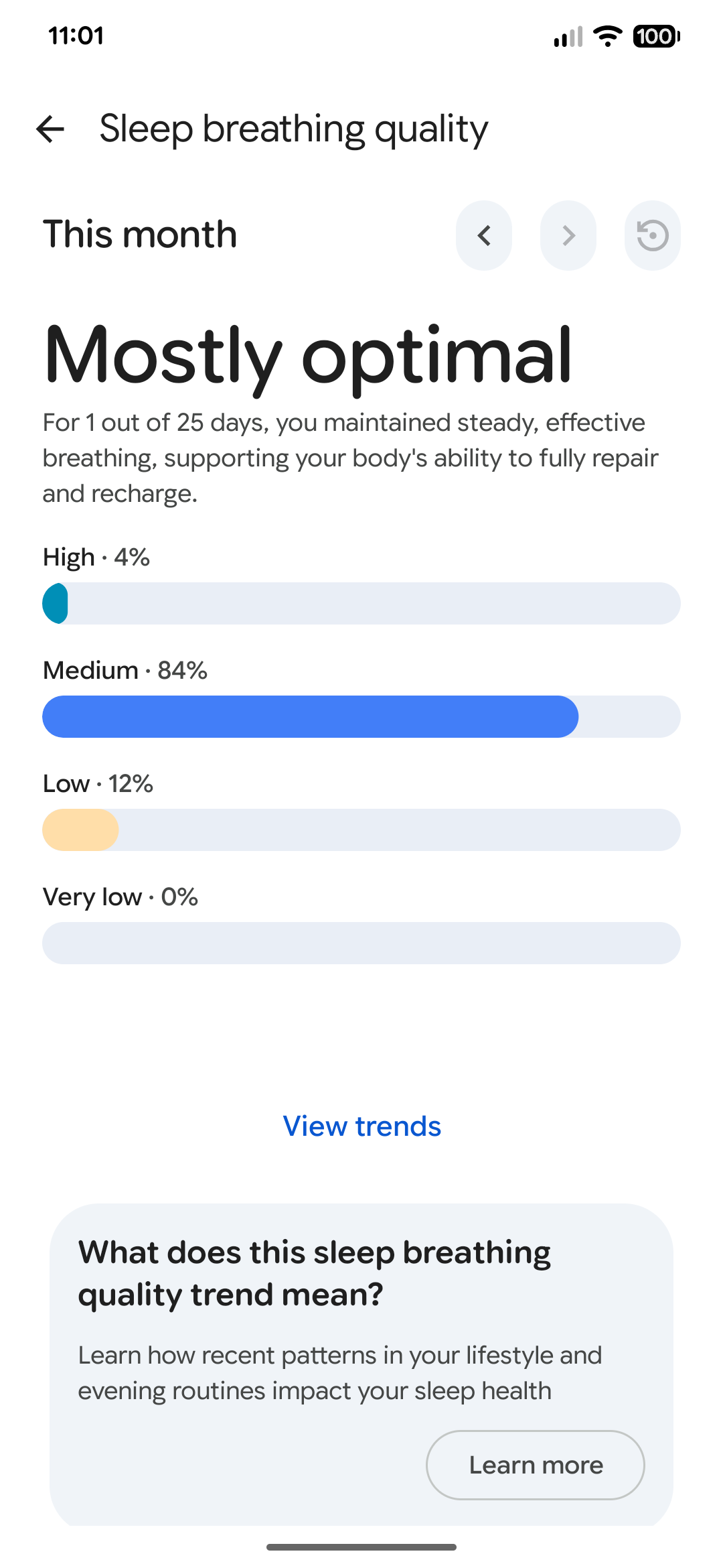 Screenshot of the Health Guardian's sleep breathing quality report