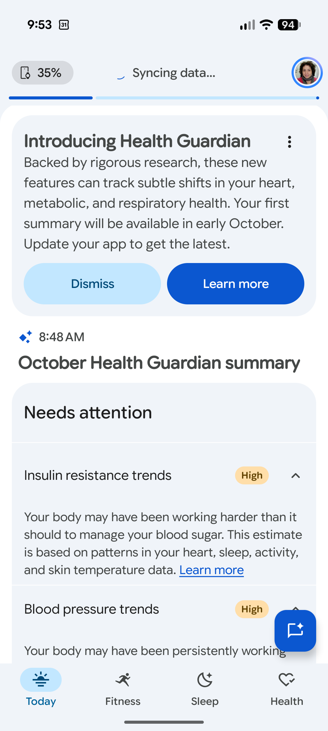 Screenshot of the Health Guardian's report summary top