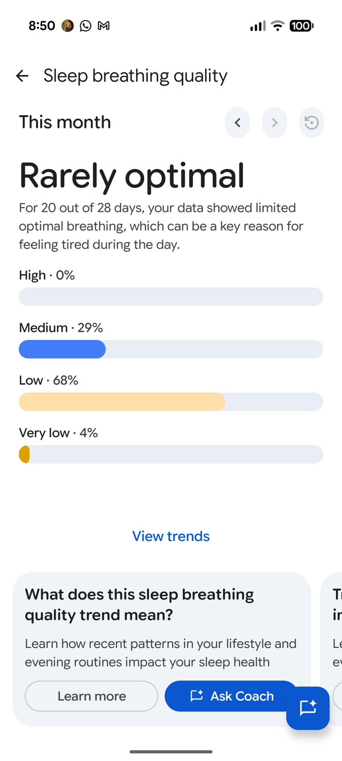 Screenshot of the Health Guardian's report summary for sleep breathing