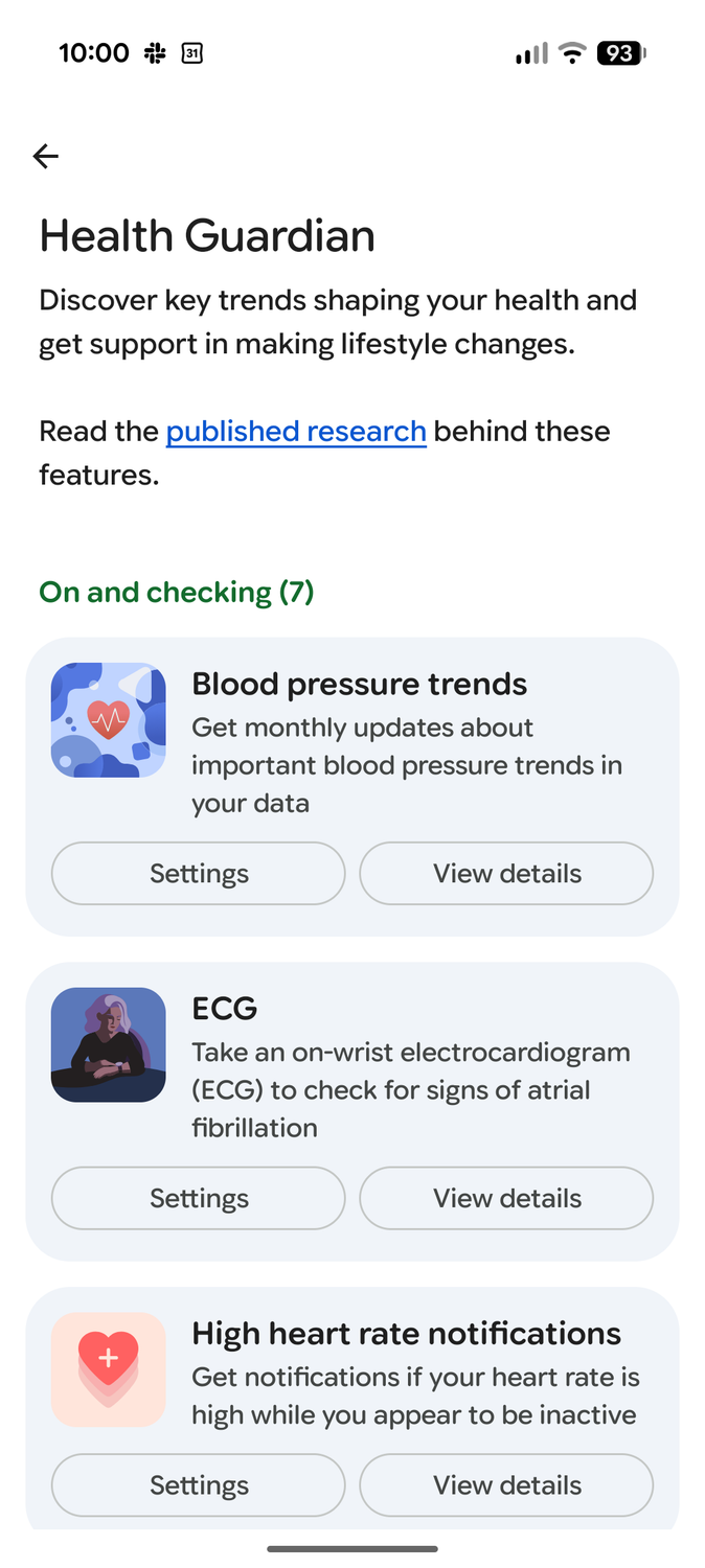 Screenshot of the Health Guardian measures in the Google Health app, top
