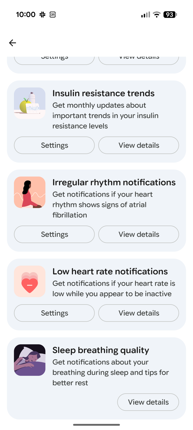 Screenshot of the Health Guardian measures in the Google Health app, continued