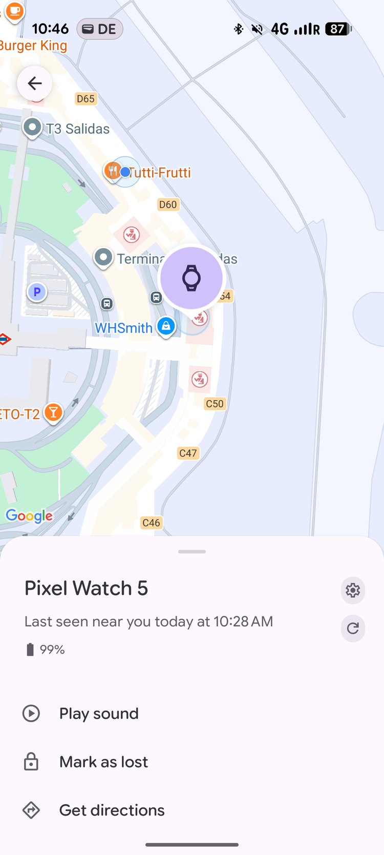 Screenshot of the Pixel Watch 5 in the Google Find Hub app showing it was at the airport