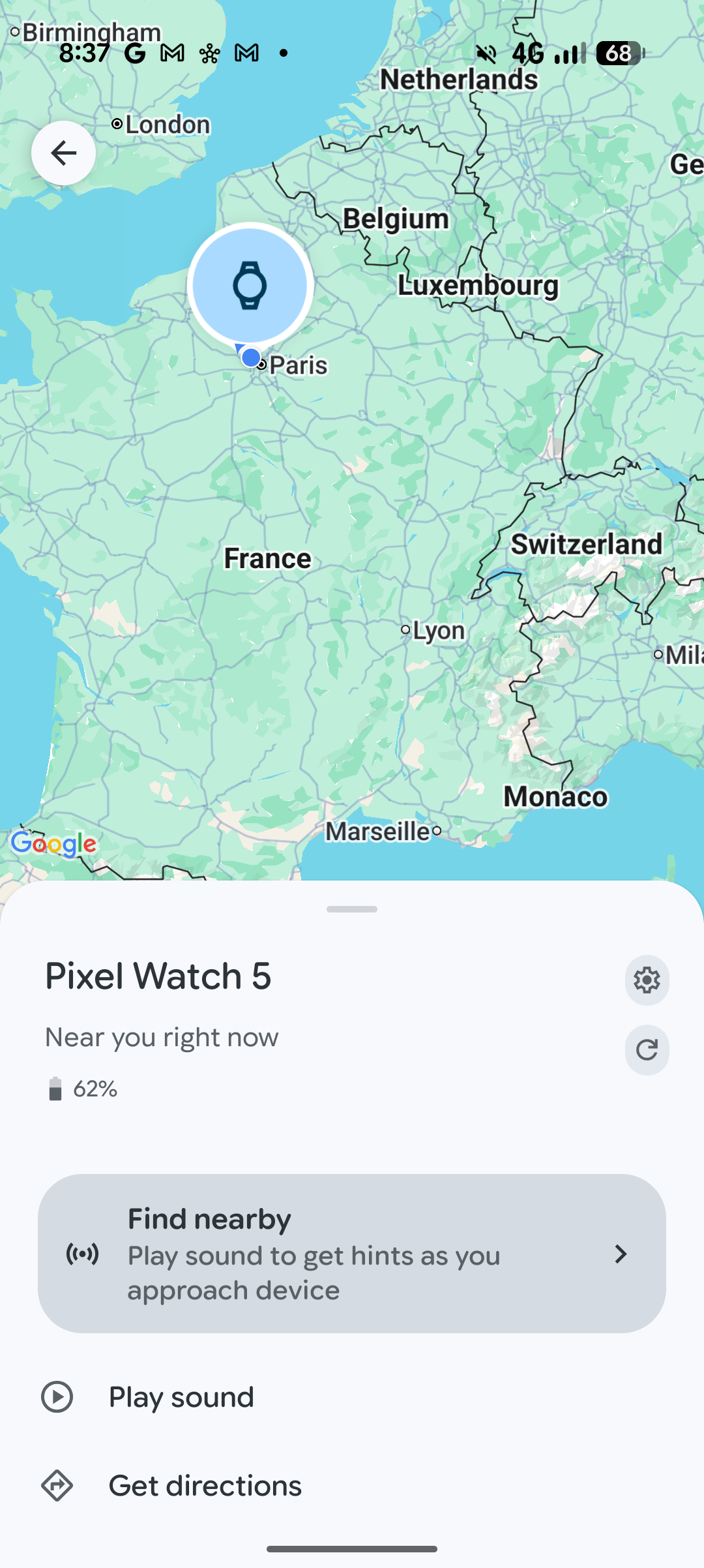 Screenshot of the Pixel Watch 5 in the Google Find Hub app with Play Sound option