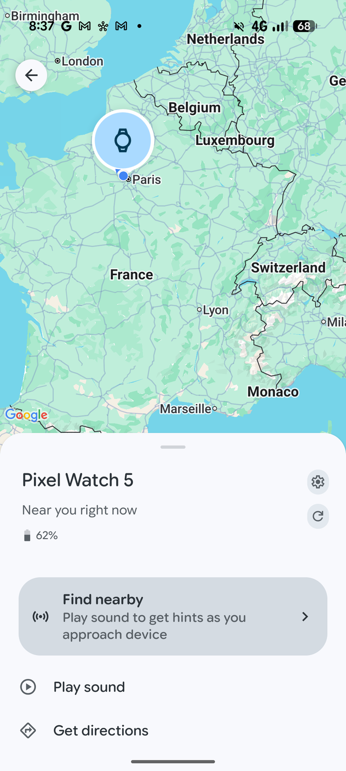 Screenshot of the Pixel Watch 5 in the Google Find Hub app with Play Sound option