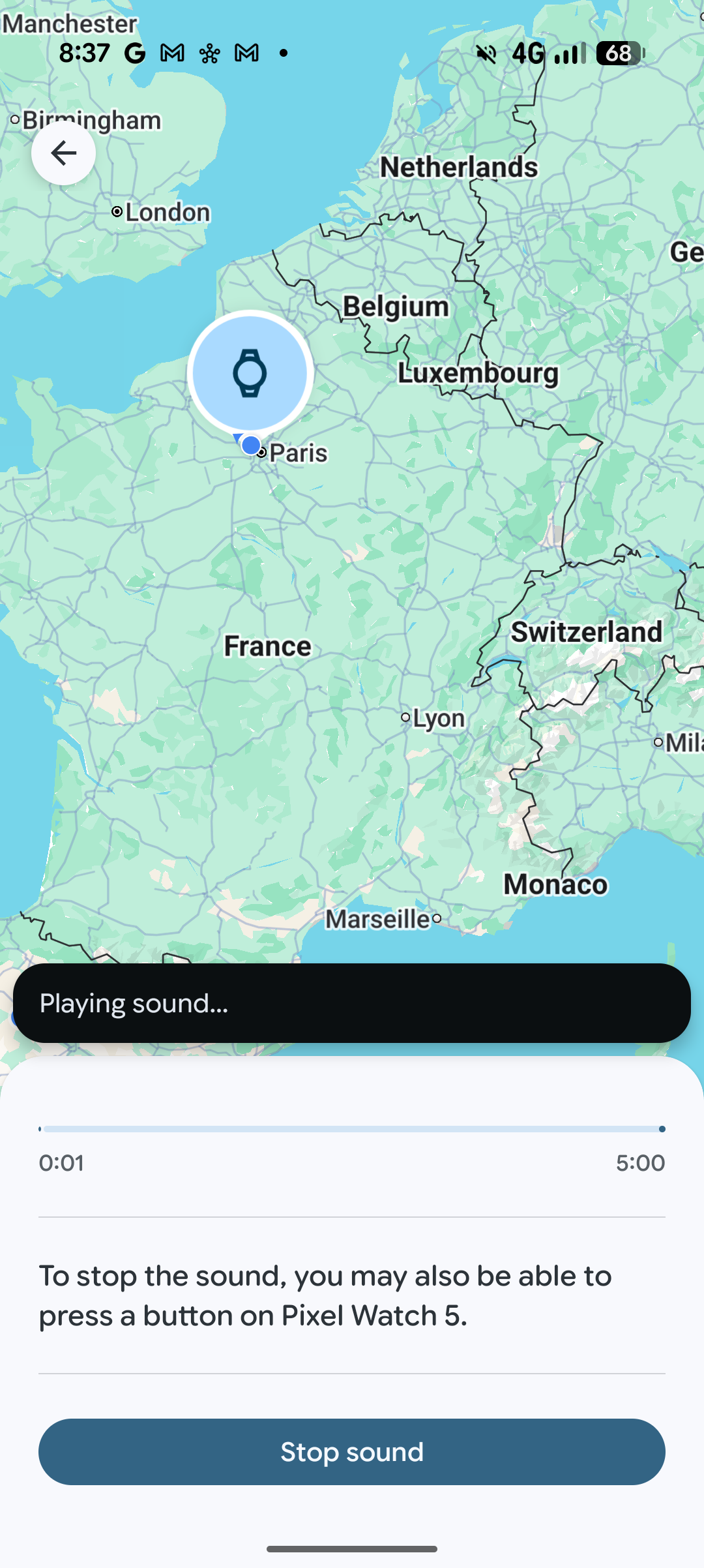 Screenshot of the Pixel Watch 5 in the Google Find Hub app playing sound