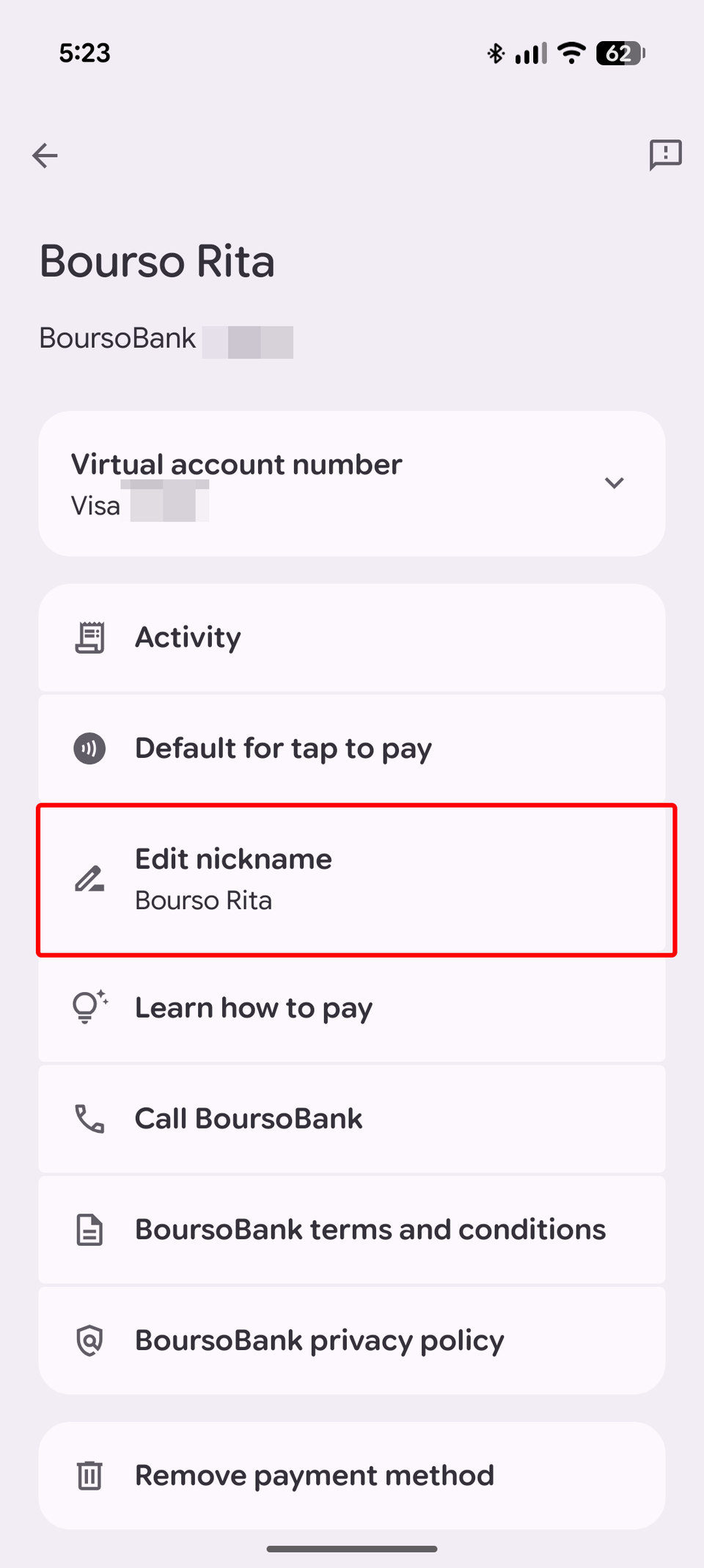 Screenshot of Google Wallet's card info screen showing how to edit a card nickname