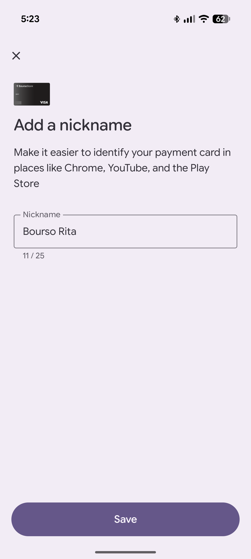 Screenshot of Google Wallet's screen for editing a card nickname