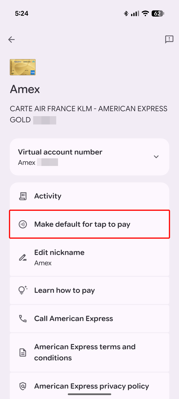 Screenshot of Google Wallet's card info screen showing how to pick the default card to pay