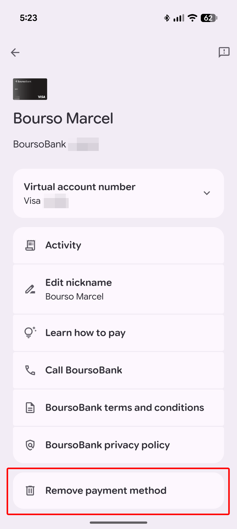 Screenshot of Google Wallet's card info screen showing how to remove a card