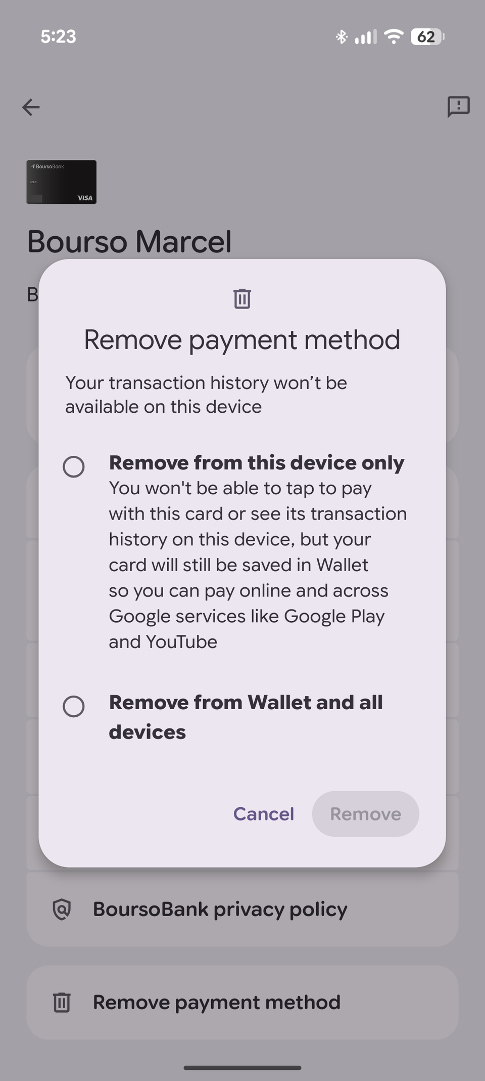 Screenshot of Google Wallet's card info and card removal pop-up