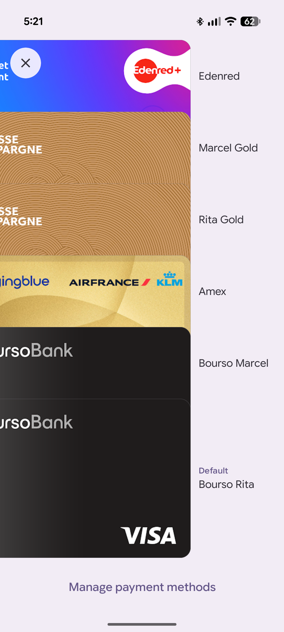 Screenshot of Google Wallet's confusing card stack with card names