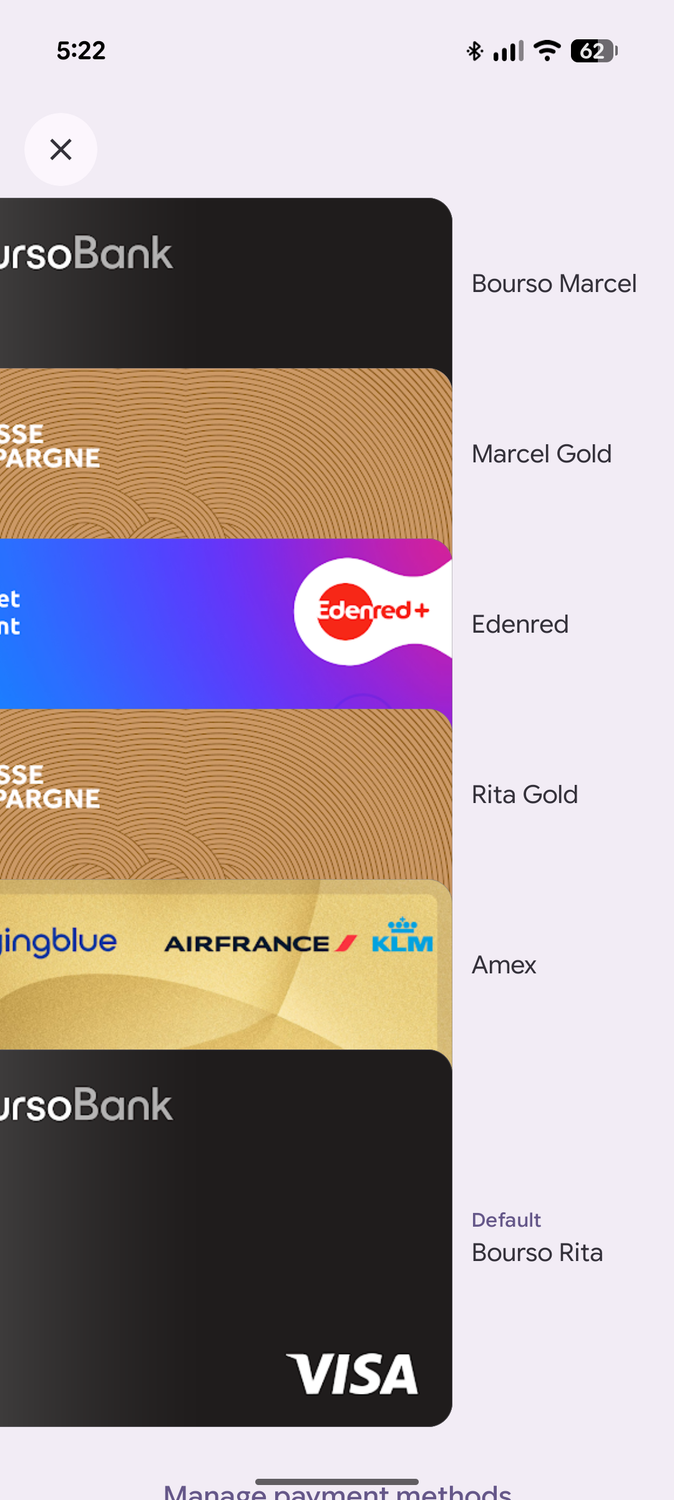 Screenshot of Google Wallet's card stack after reordering