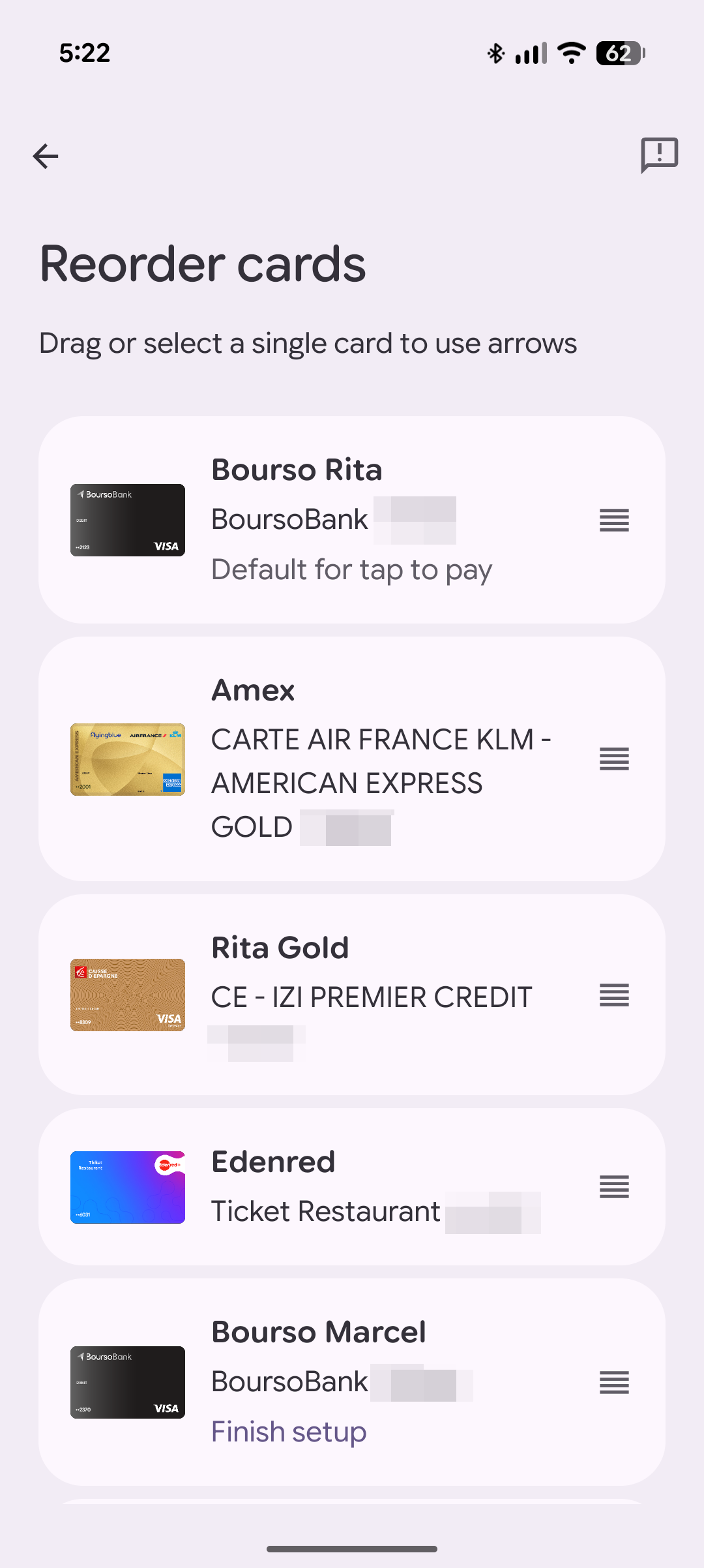 Screenshot of Google Wallet's card management screen after reordering