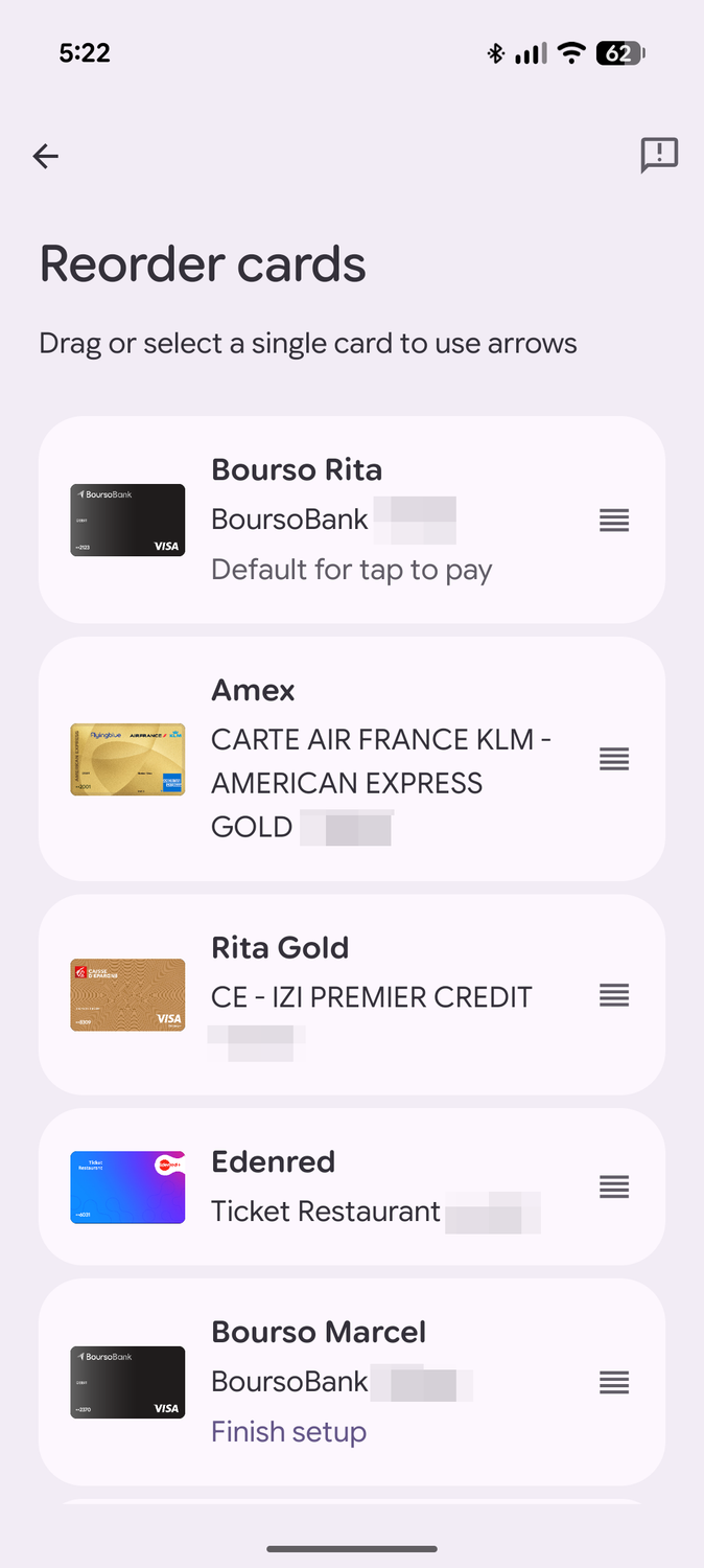 Screenshot of Google Wallet's card management screen after reordering