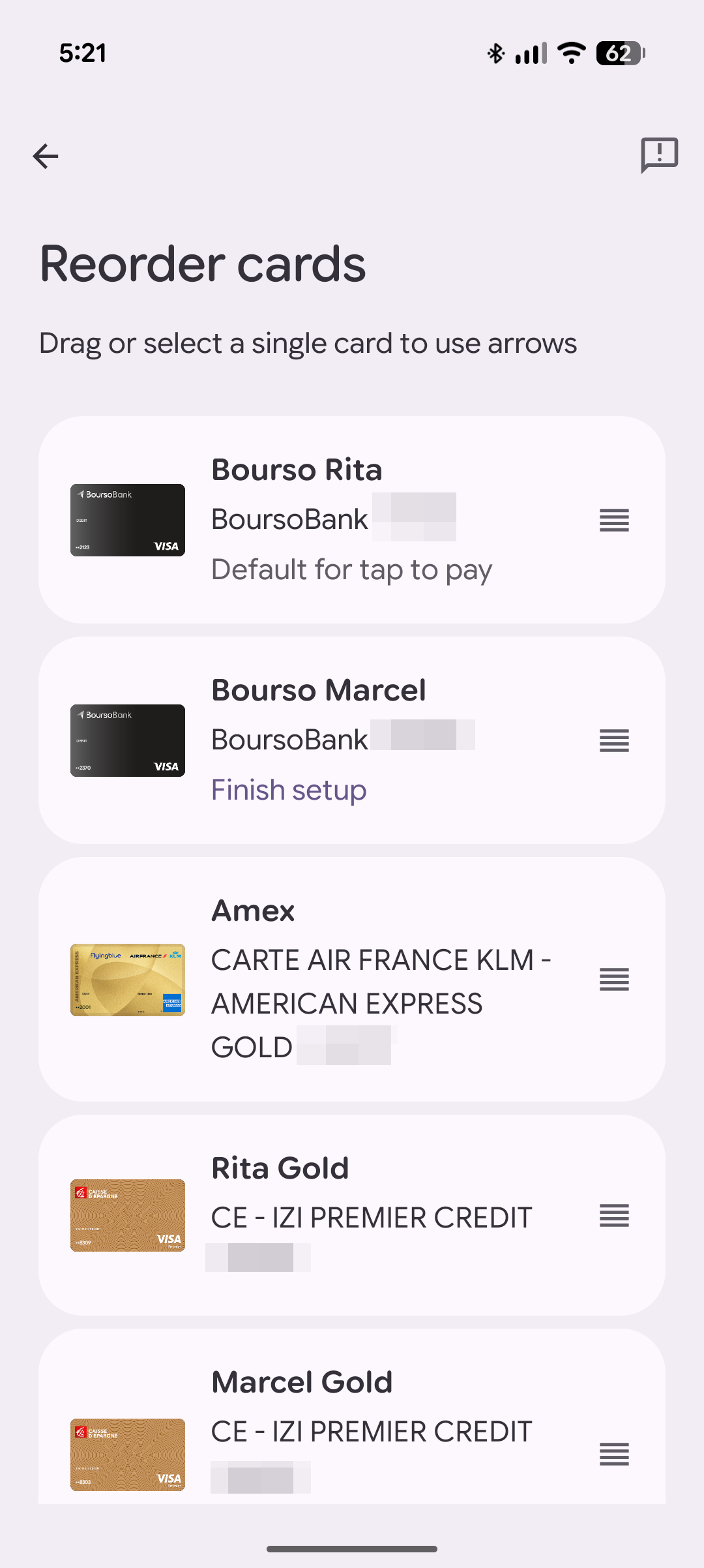 Screenshot of Google Wallet's card management screen before reordering