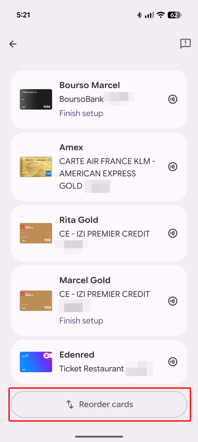 Screenshot of Google Wallet's card management screen and how to reorder cards