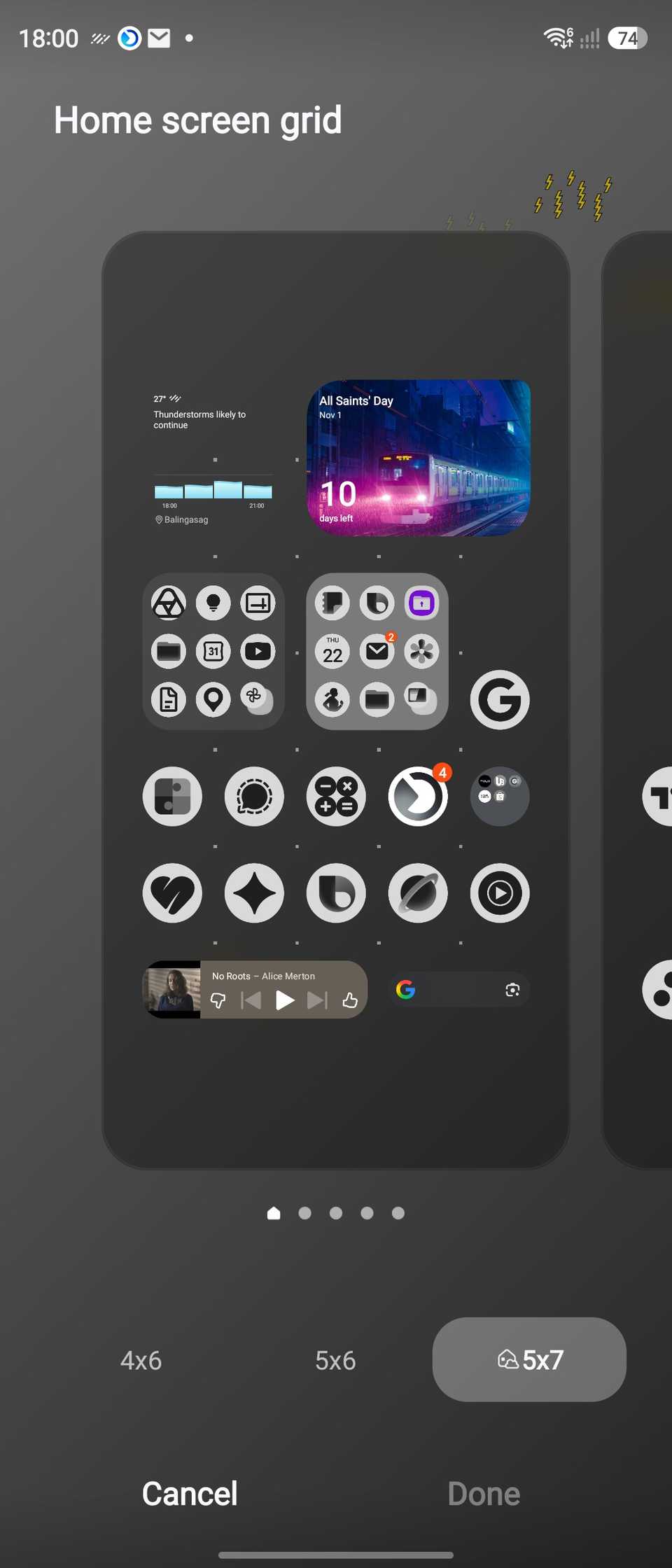 Screenshot della schermata iniziale dell'interfaccia utente Samsung One con opzioni griglia