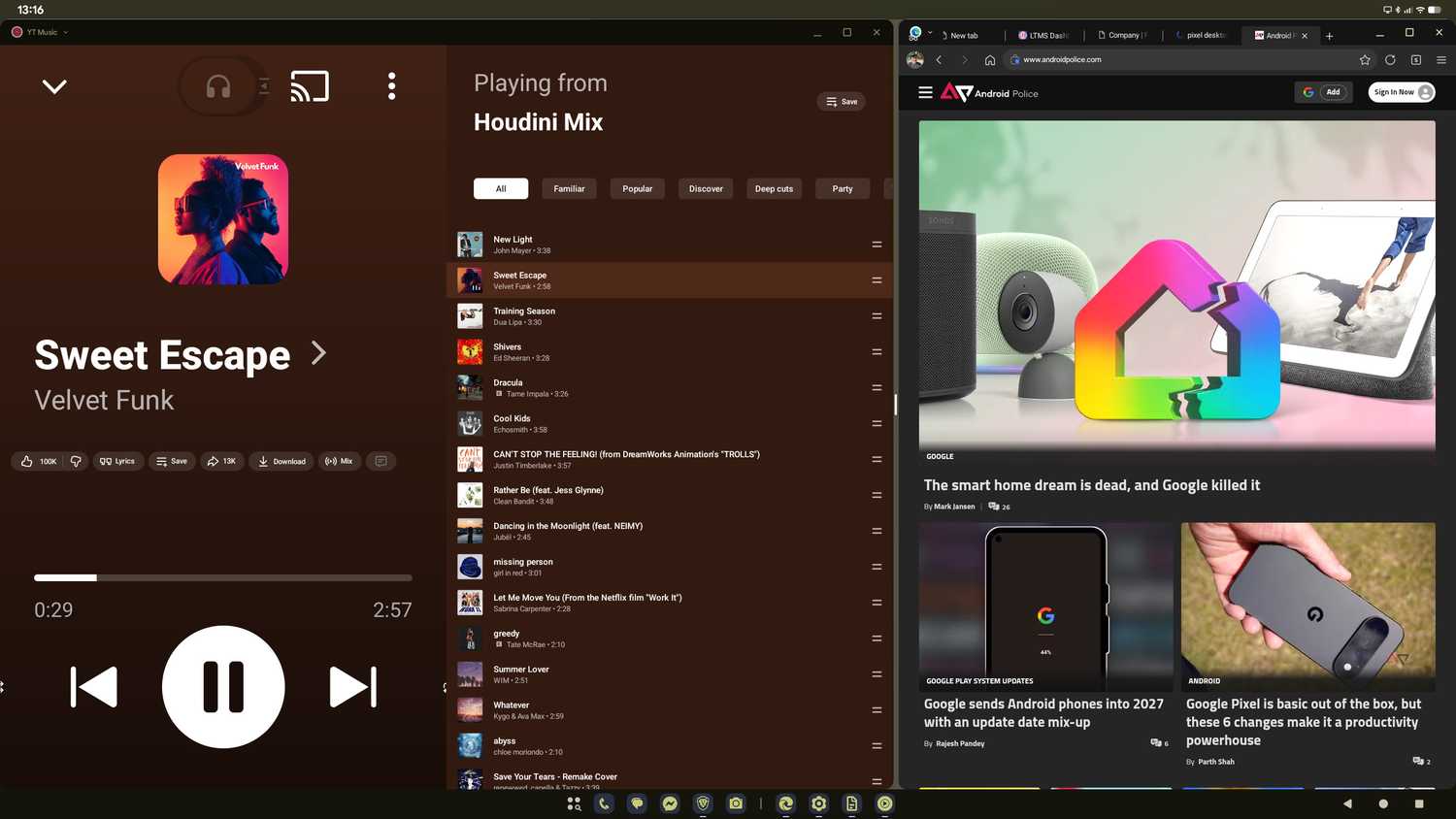 YouTube Music and Chrome Android Desktop Mode on a Google Pixel phone