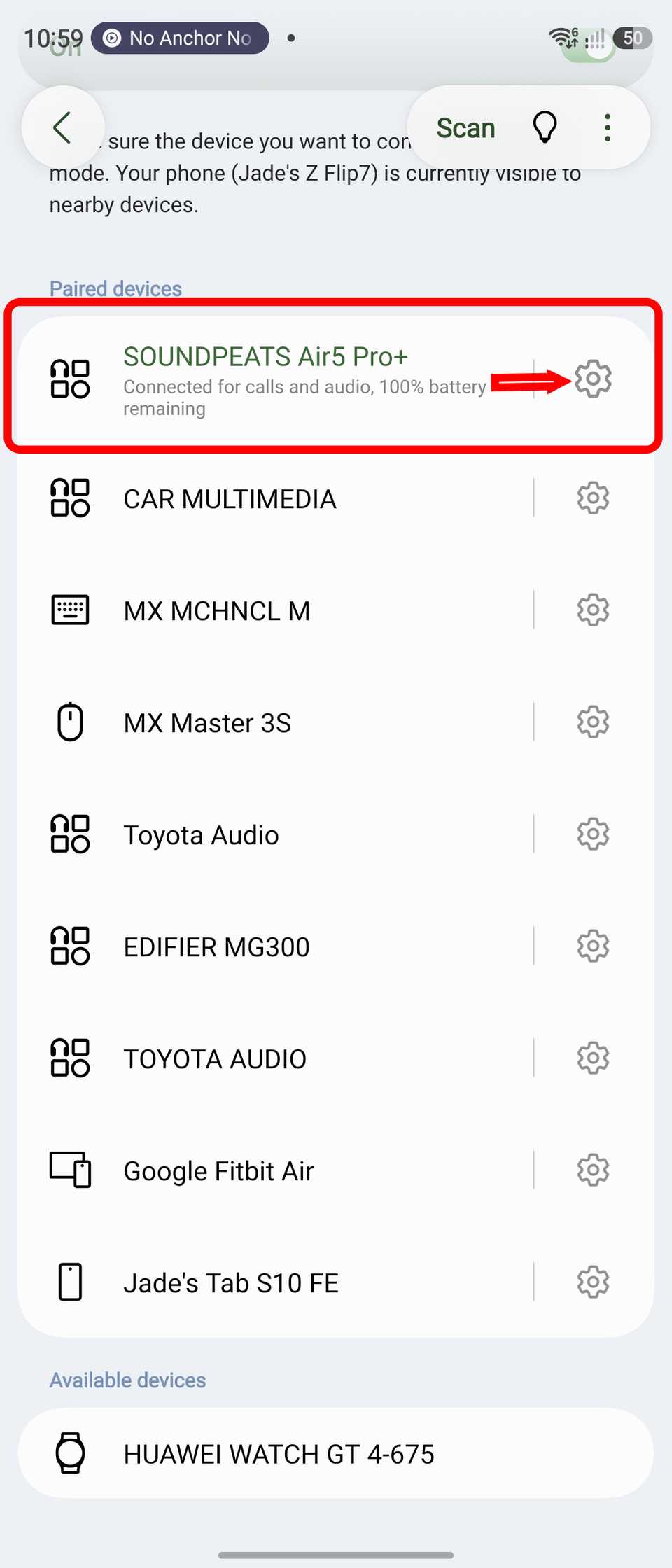 Bluetooth device menu in Samsung Galaxy Z Flip