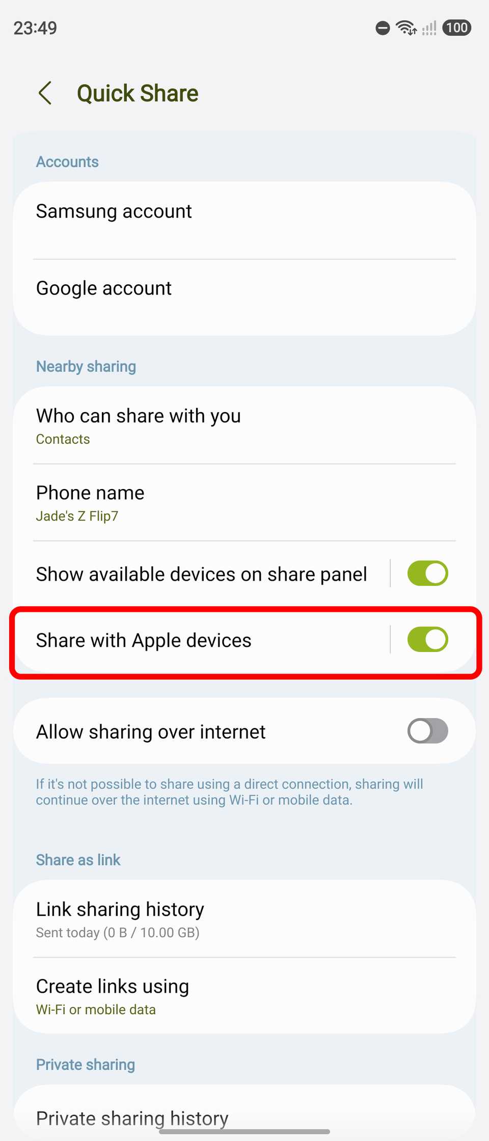 Quick Share setting and toggle on One UI 9