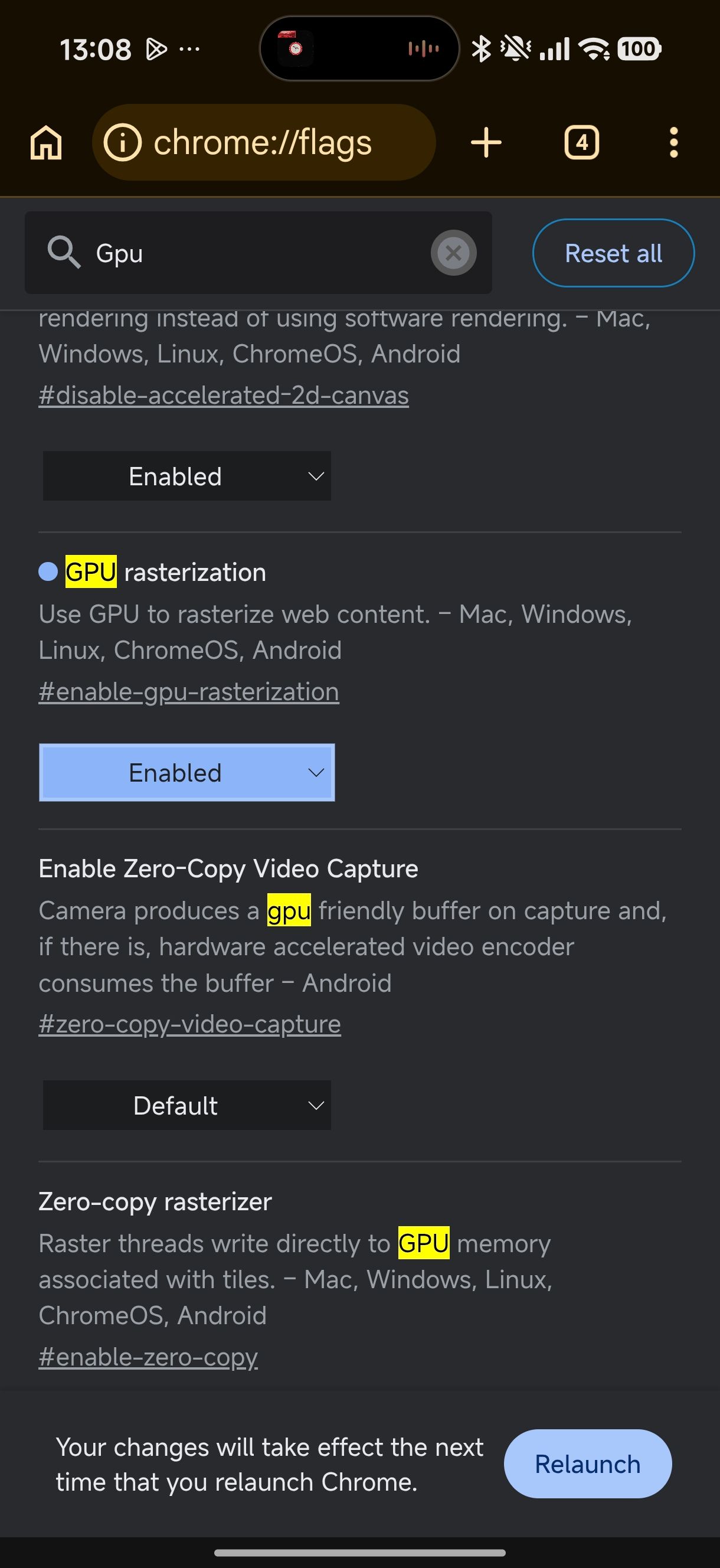 Chrome flags menu showing GPU rasterization setting