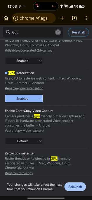 Chrome flags menu showing GPU rasterization setting