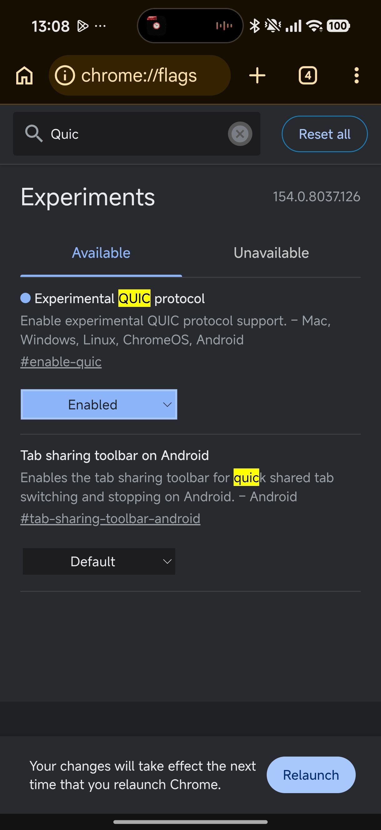 Chrome flags menu showing Google QUIC protocol setting