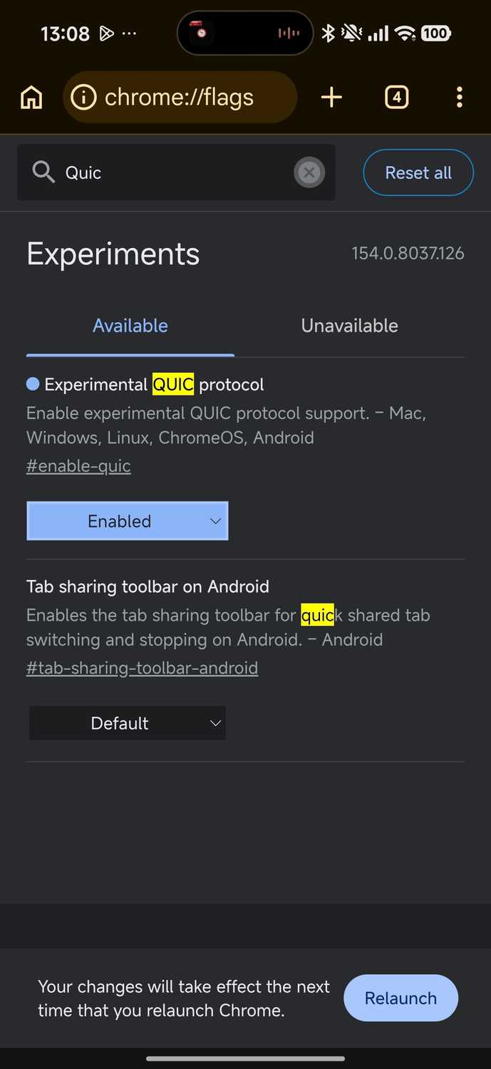 Chrome flags menu showing Google QUIC protocol setting