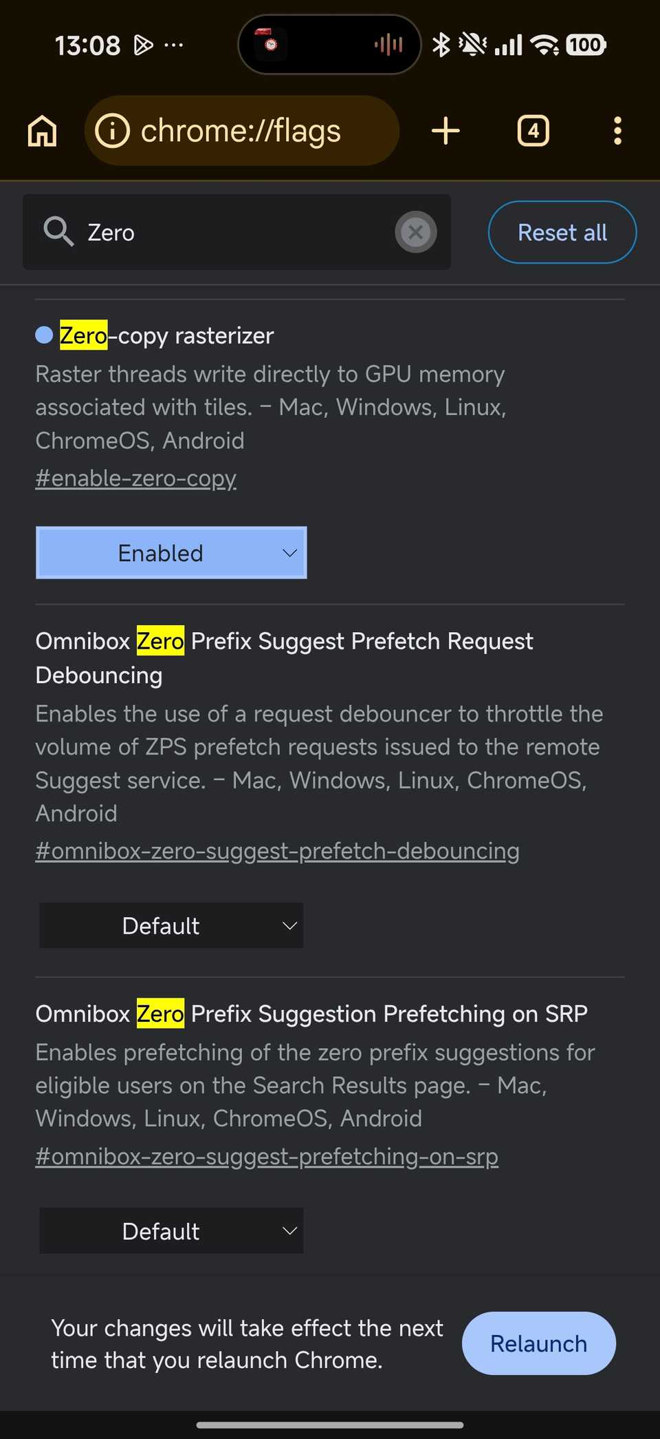 Chrome flags menu showing zero copy rasterization setting