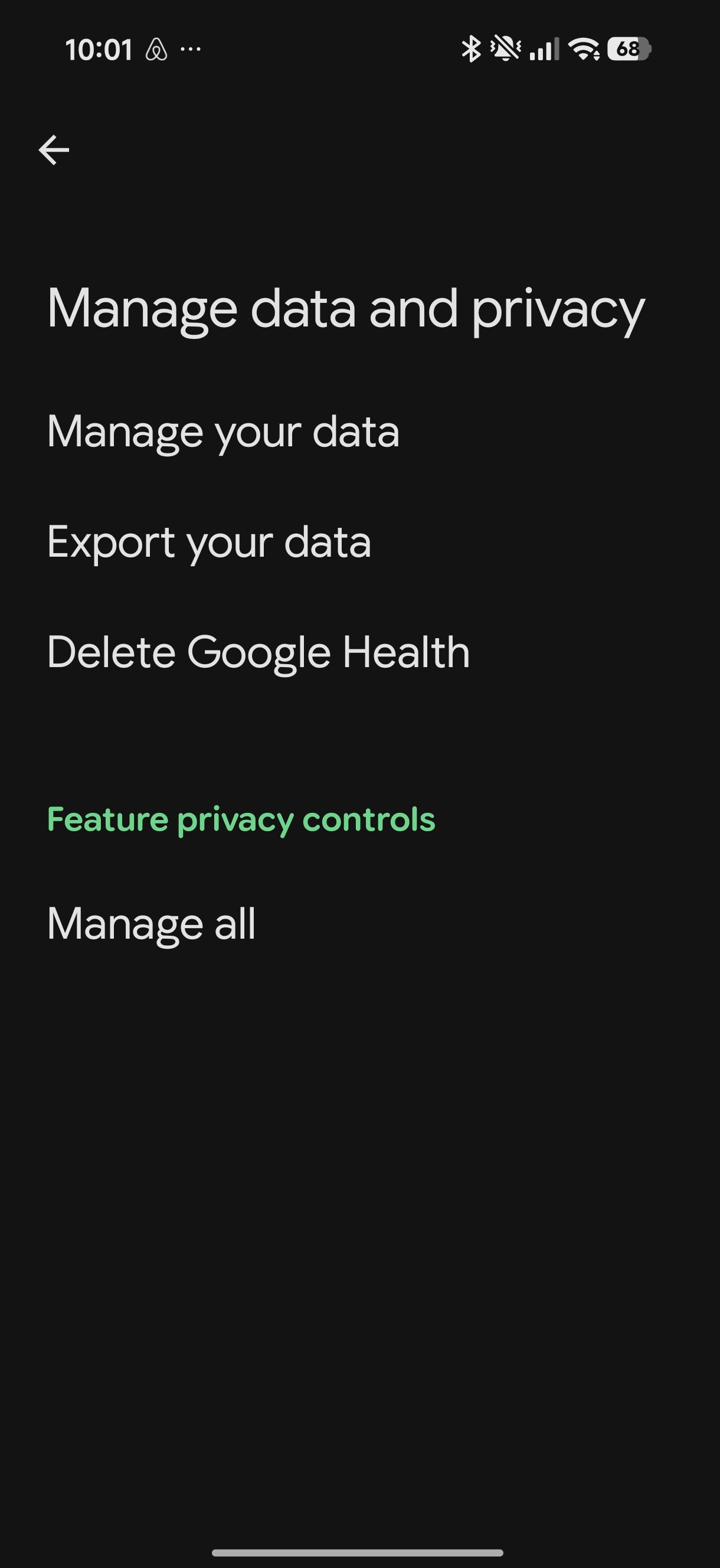Google Health menu showing option to export data