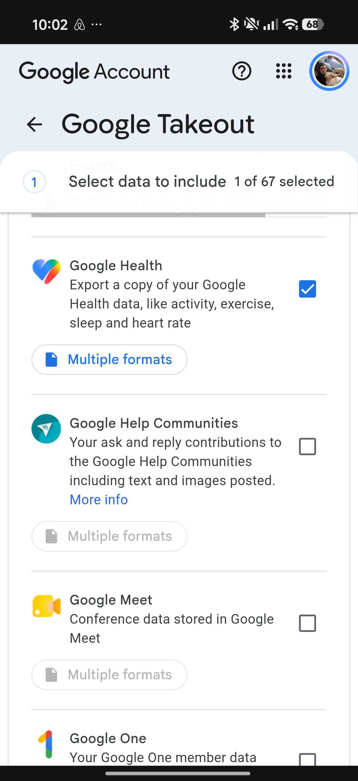 Google Takeout menu showing export option for Google Health