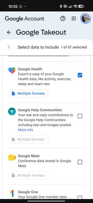 Google Takeout menu showing export option for Google Health