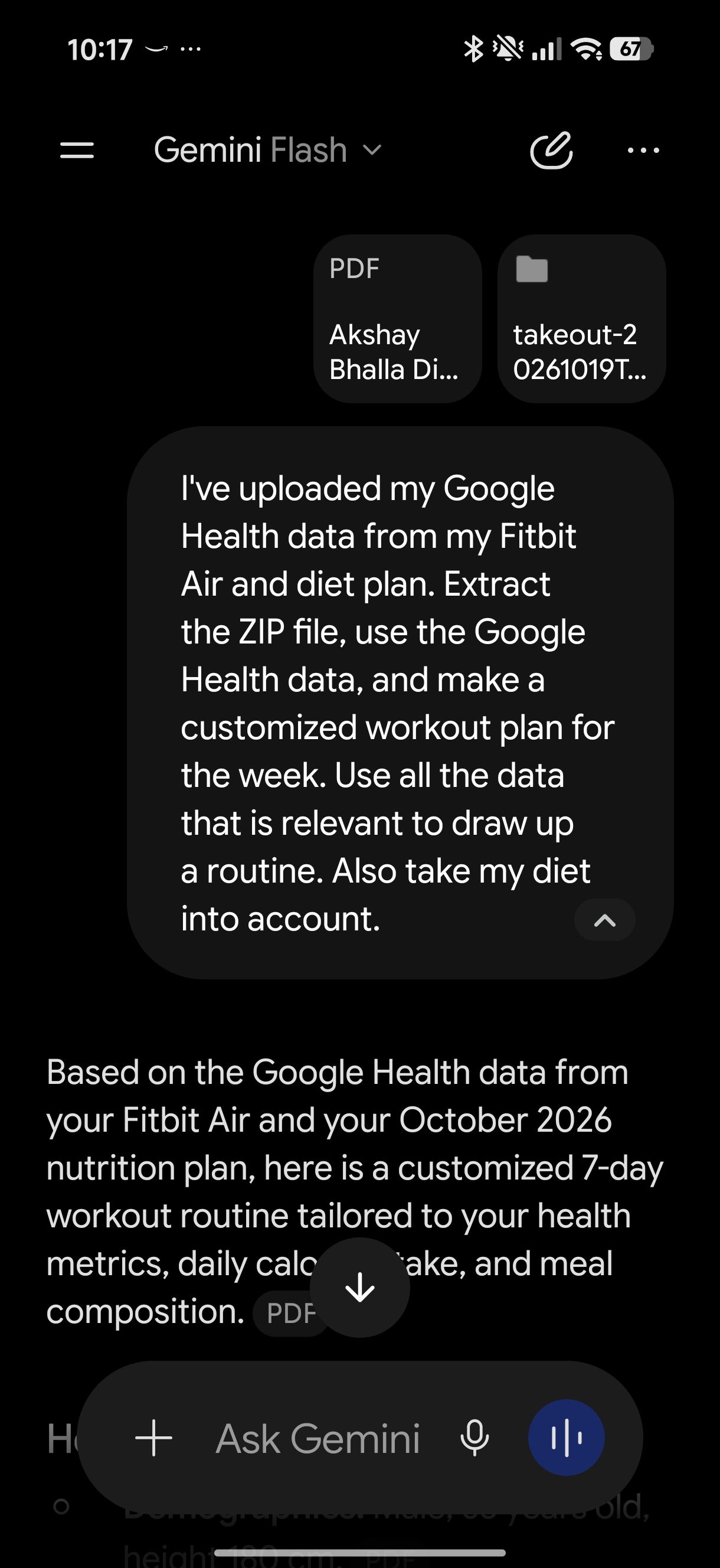 Gemini screenshot showing the prompt used for getting a workout routine