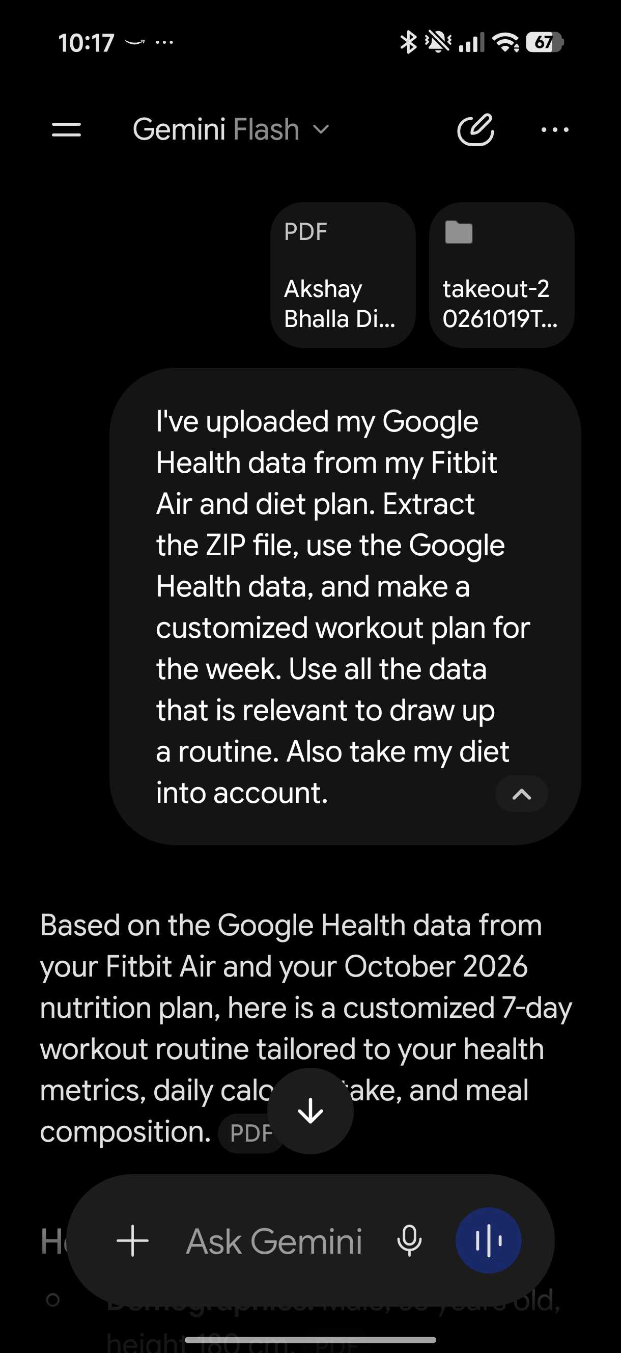 Gemini screenshot showing the prompt used for getting a workout routine