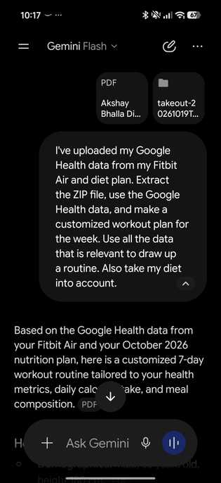Gemini screenshot showing the prompt used for getting a workout routine