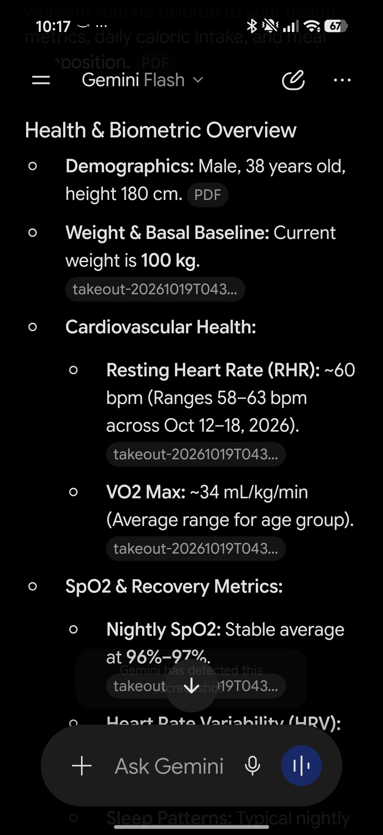 Gemini showing health and biometric overview using data from Fitbit Air