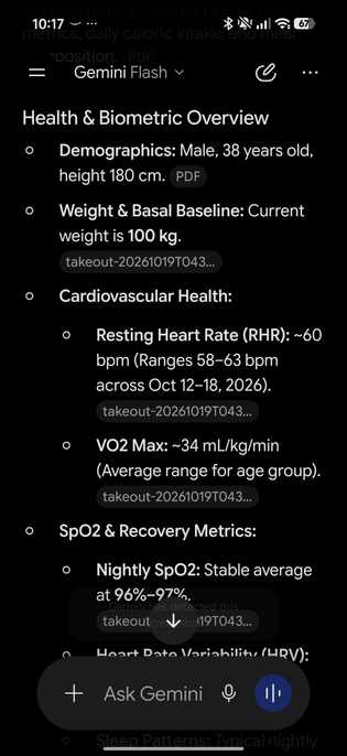Gemini showing health and biometric overview using data from Fitbit Air