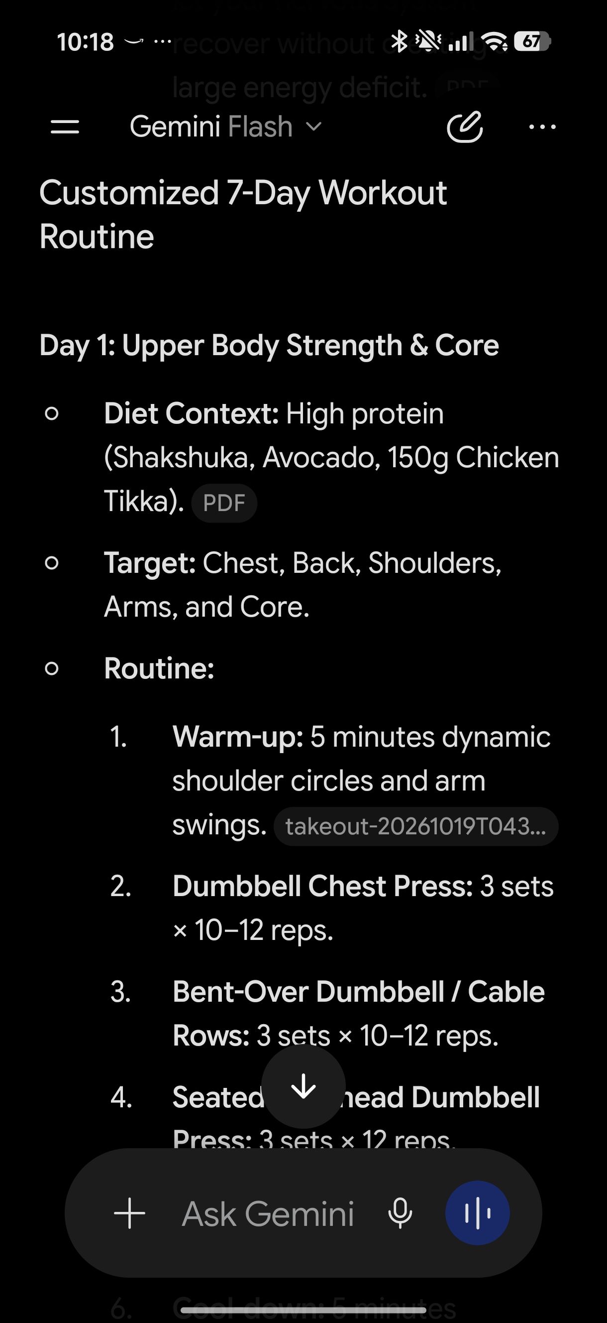 Gemini showing what workout routine to follow for days 1 to 3 using Fitbit Air data