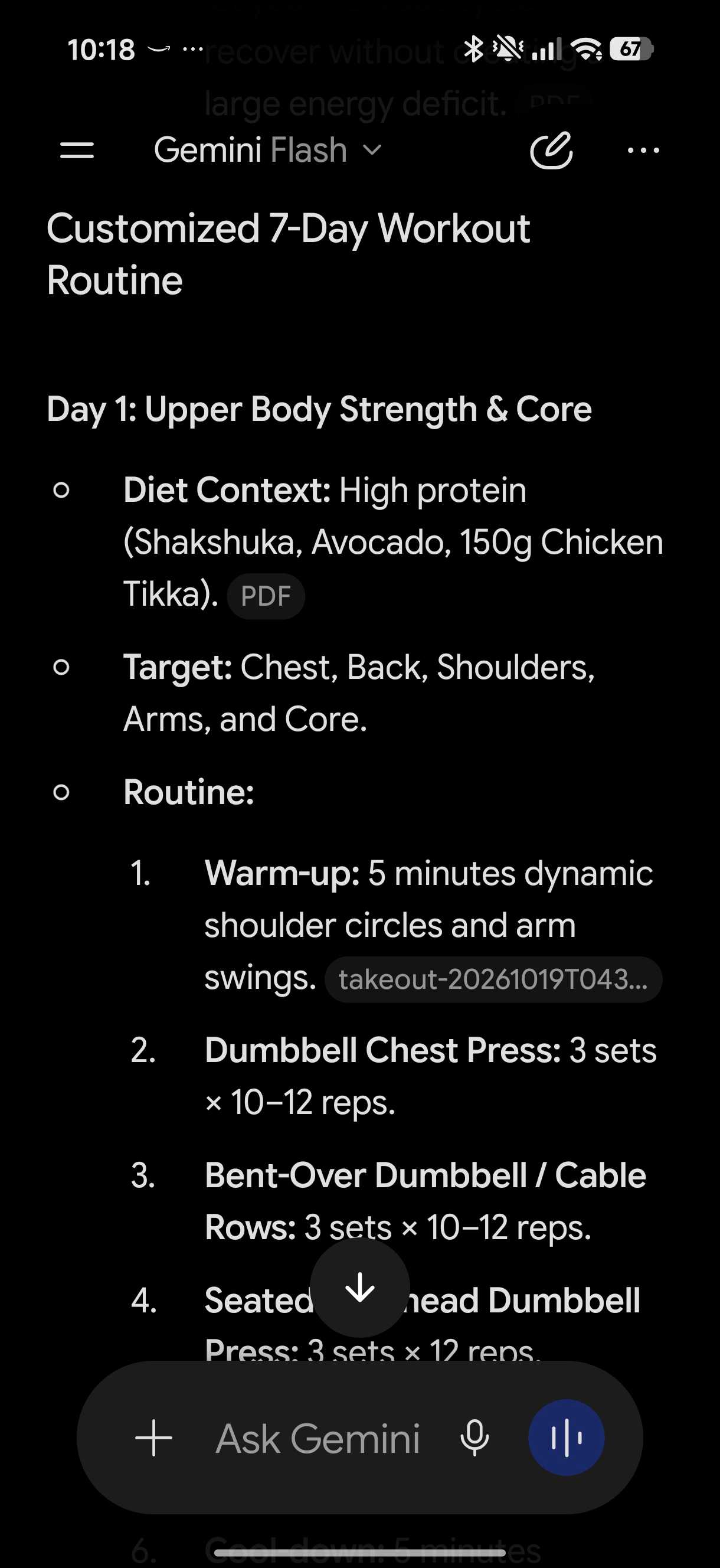 Gemini showing what workout routine to follow for days 1 to 3 using Fitbit Air data