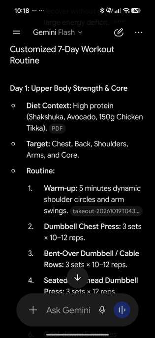 Gemini showing what workout routine to follow for days 1 to 3 using Fitbit Air data