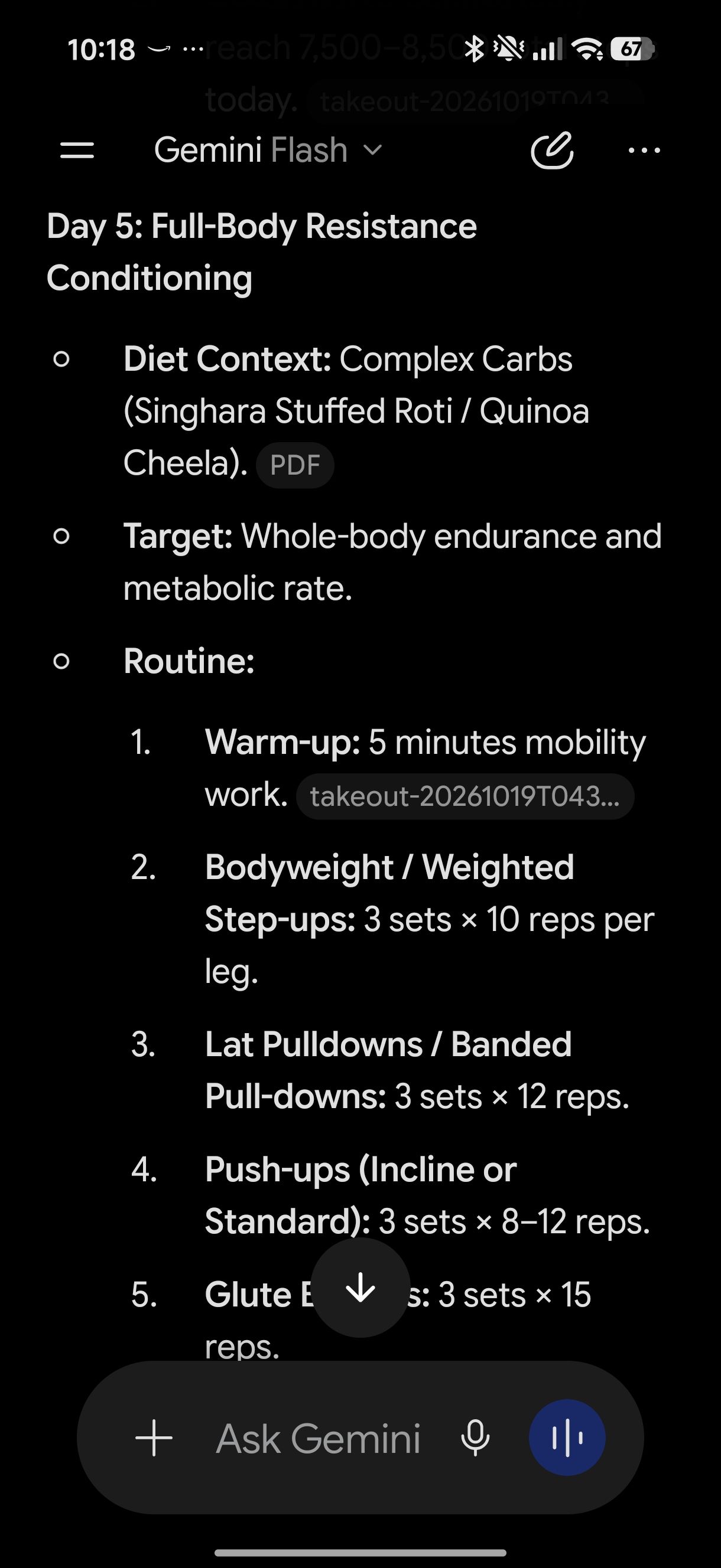 Gemini showing what workout routine to follow for day 5 using data from Fitbit Air