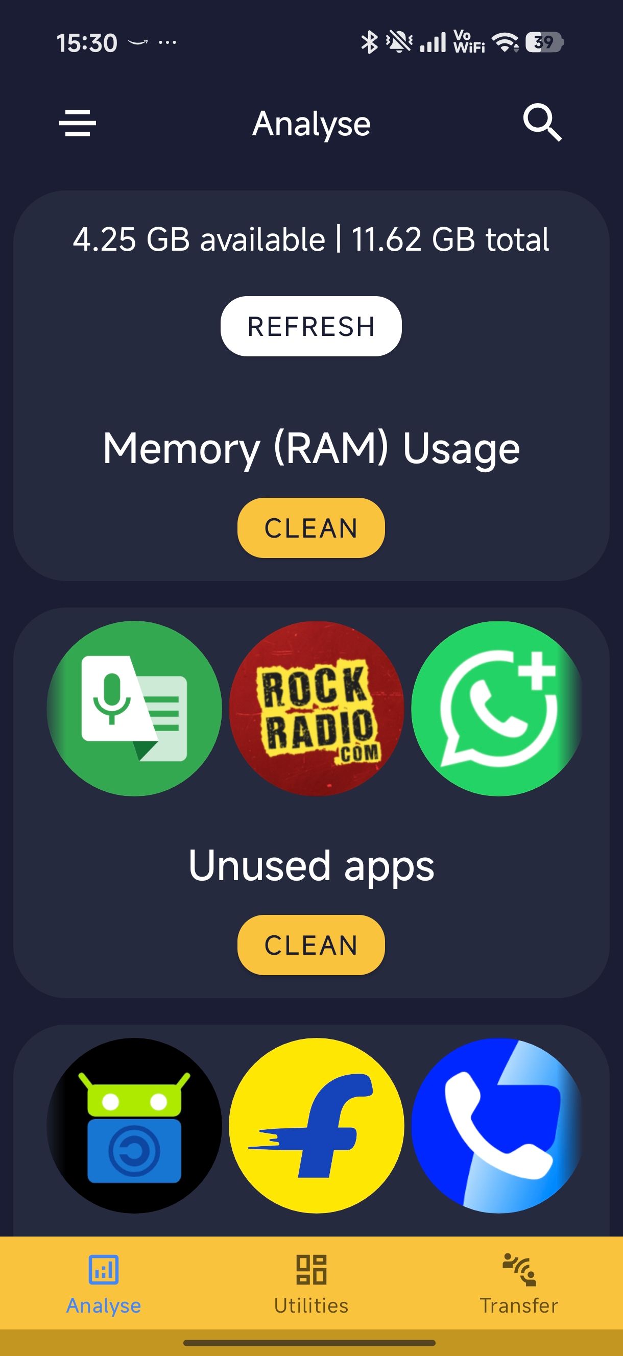Amaze file utilities showing RAM usage clean option and unused apps