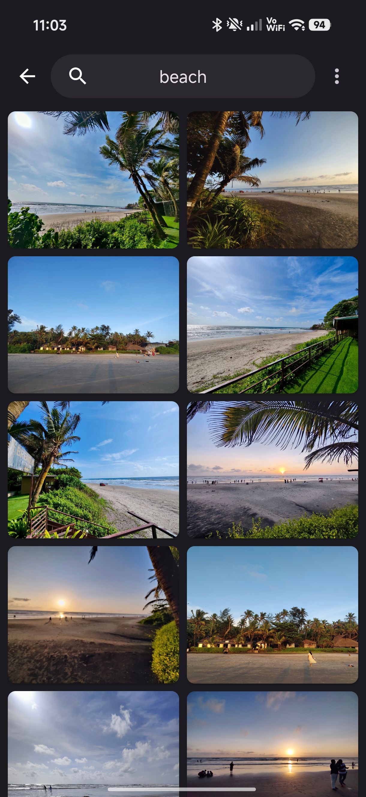 Memoria app showing all beach images captures after text search