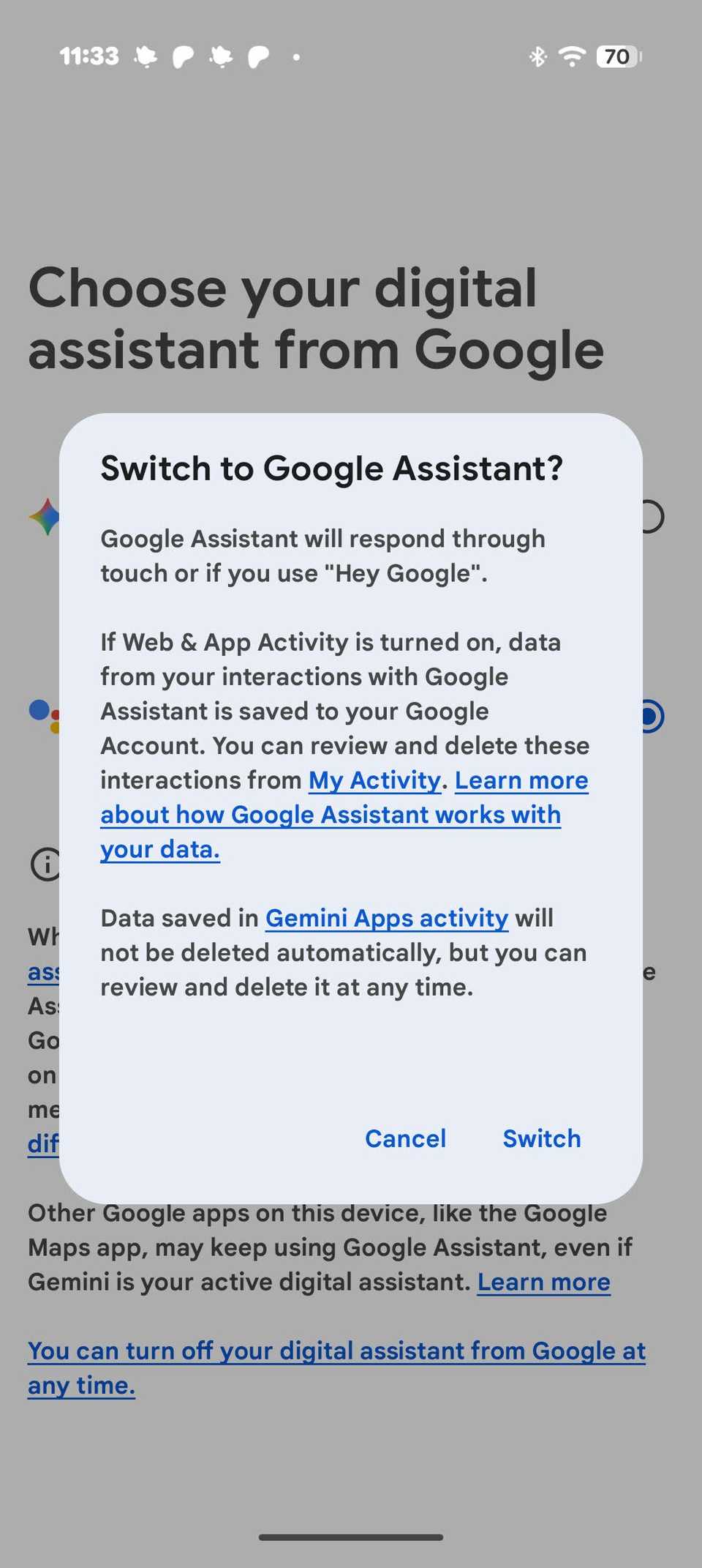 Confirming the switch back to Google Assistant.