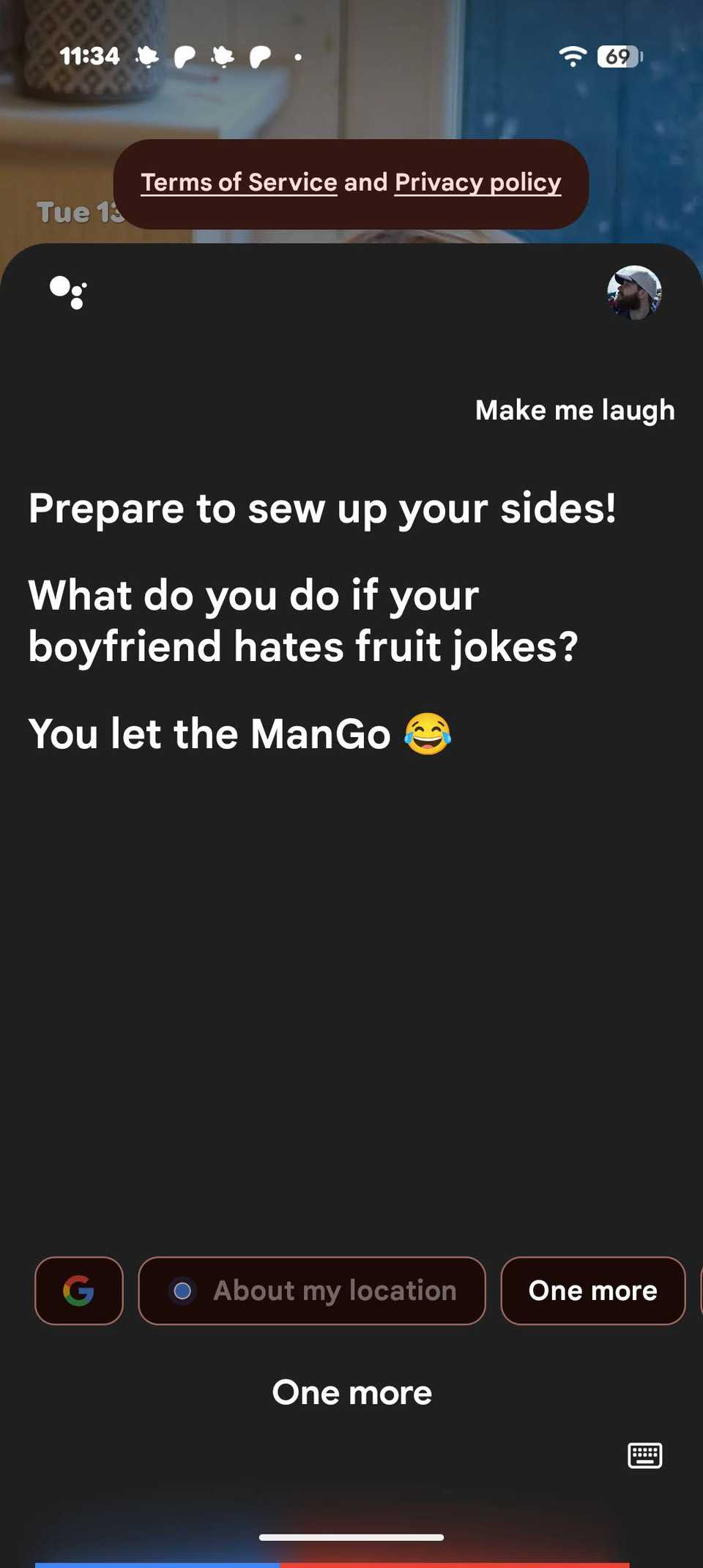 Asking Google Assistant a joke.