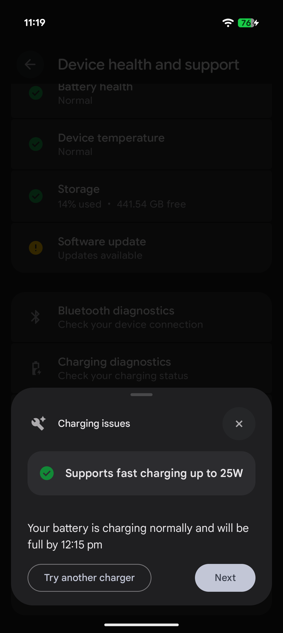 Pixel 11 Pro showing 25W wireless charging speed via the device health and support menu