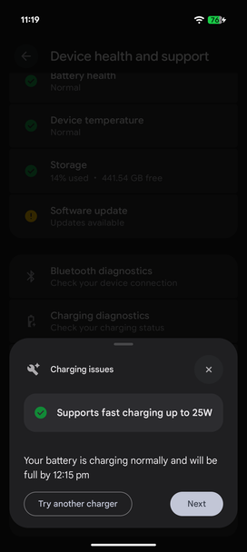 Pixel 11 Pro showing 25W wireless charging speed via the device health and support menu