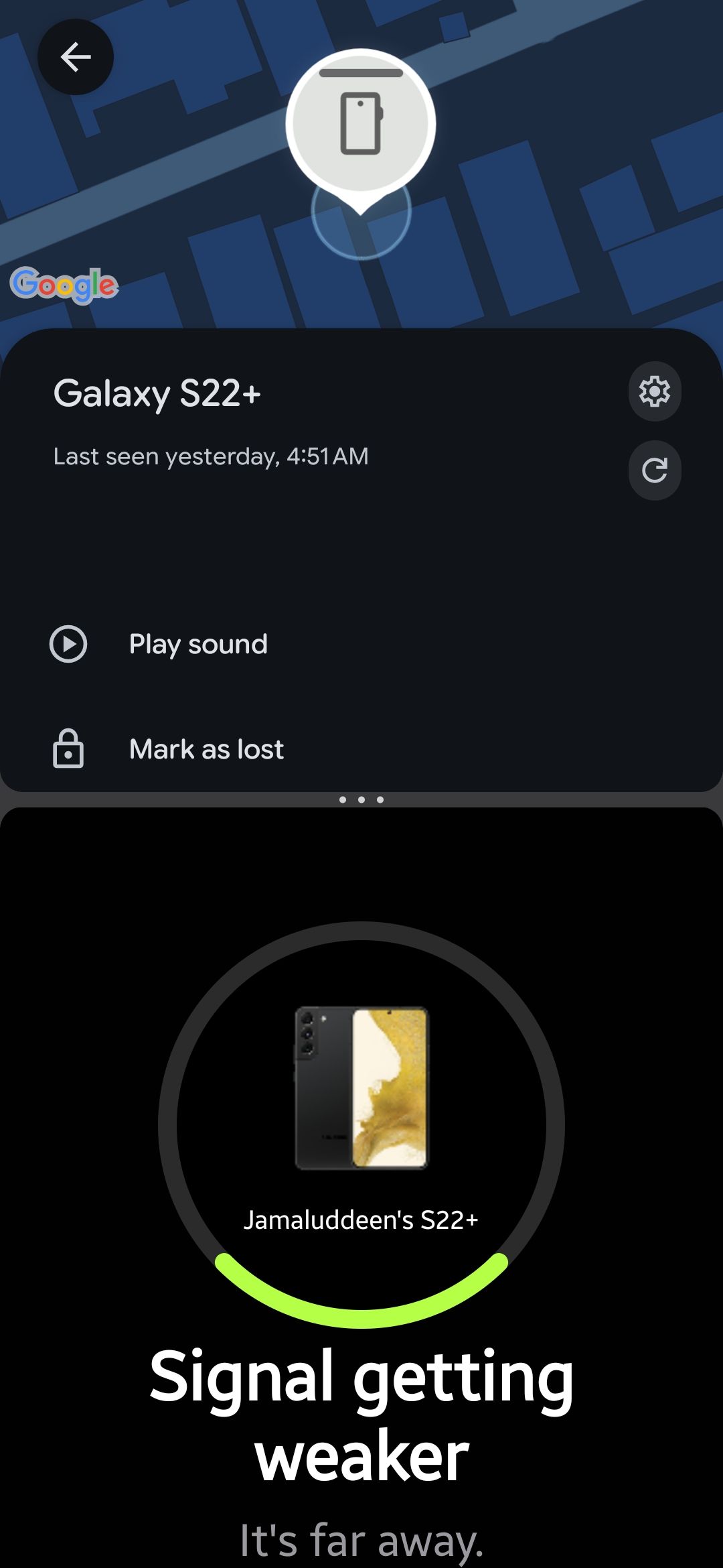 Split screen with Google Find Hub showing the Galaxy S22+ last seen yesterday, and Samsung Find Search nearby saying the signal is getting weaker and the phone is far away