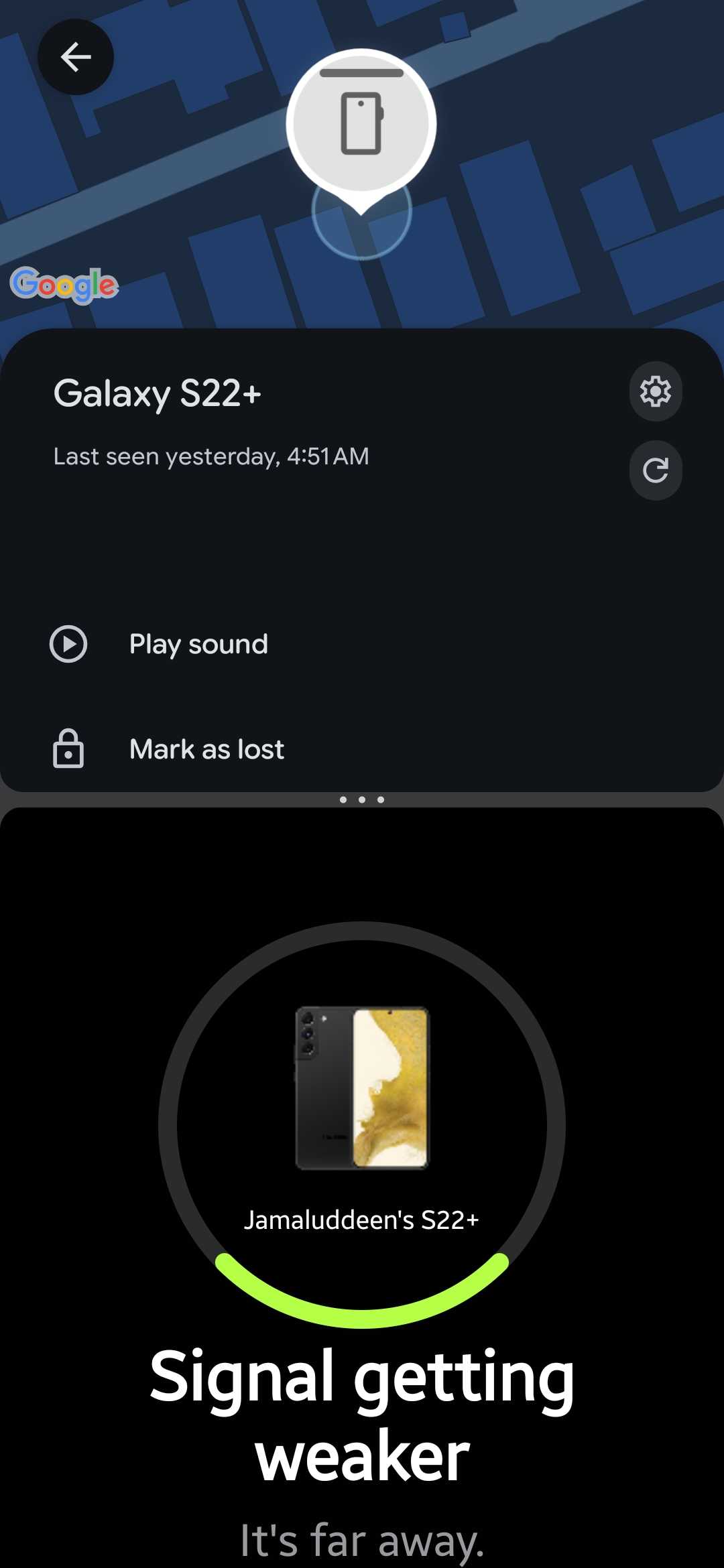 Split screen with Google Find Hub showing the Galaxy S22+ last seen yesterday, and Samsung Find Search nearby saying the signal is getting weaker and the phone is far away
