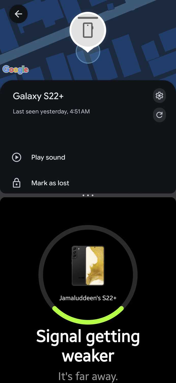 Split screen with Google Find Hub showing the Galaxy S22+ last seen yesterday, and Samsung Find Search nearby saying the signal is getting weaker and the phone is far away